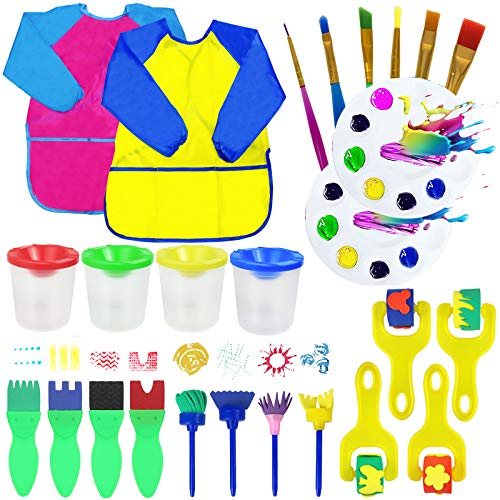 26PCS Kids Sponge Paint Brushes Kits,Reusable Painting Brushes Tool Kit With 2Waterproof Apron For Early DIY Learning,Painting Brushes Drawing Tools for Toddler,Arts&Crafts Painting Sponge Brushes Set