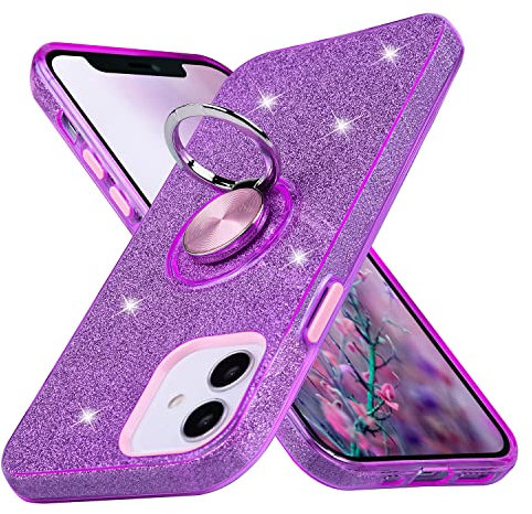 wisdompro Bling Case for iPhone 12/ iPhone 12 Pro, Glitter Sparkle Shiny Case with Ring Holder Kickstand Girls Women Cute Protective Cover Phone Case for iPhone 12/12 Pro (6.1 Inch) - Purple