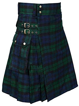 Tartan Utility Kilts for Men Tartan Kilt with Straps and Large Cargo Pockets(Green,S)
