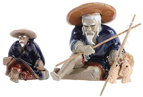 BESTonZON 2Pcs Mini Fischer Figuren Keramik Chinesischen Sitzen Angeln Garten Statue Ornament f¨¹r Aquarium Micro Landschaft Bonsai Fee Garten Dekorationen