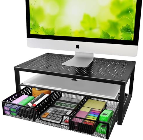 Simple Trending Monitorständer aus Metall und Schreibtisch-Organizer mit Schublade für Laptop, Computer, iMac, Schwarz