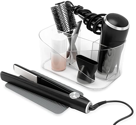 Umbra Glam Organizer für Haarstyling-Produkte, Aufbewahrung für Fön, Glätteeisen und Lockenstab mit herausnehmbarer Silikonmatte, Silikon, Transparent/Anthrazit, Einheitsgrösse