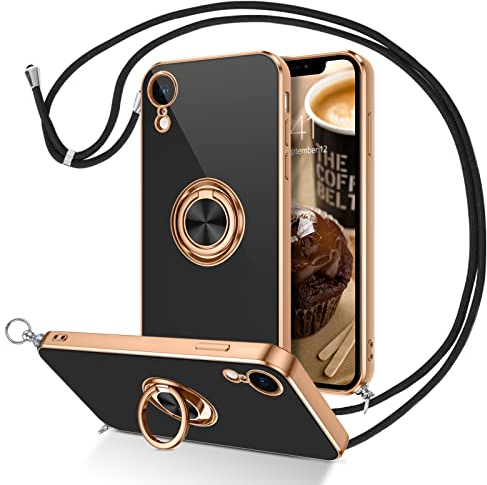 DUEDUE iPhone XR Hülle Mit Band - Handykette 360 Grad Ring Stoßfeste Schutzhülle Soft Silikon TPU für 6.1'' Schwarz