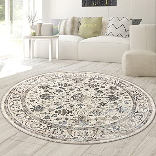 Teppich-Traum Orientteppich mit Pflanzen Verzierungen & Ornamenten in Creme Größe 200 cm Rund