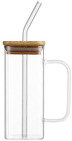 pulunto Square Mug with Bamboo Lid and Straw, 13.5oz Drinking Glass Cups with Handle For Iced Coffee Milk Bubble Tea Water