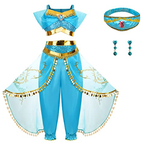 Foierp Jasmine Kostüm für Kinder mit Prinzessin Jasmine Dress Up Mädchen Fancy Kleider Weihnachten Halloween Cosplay Party Outfits