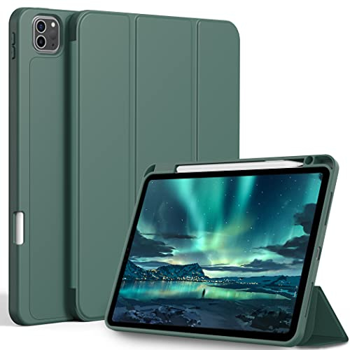 Easyacc Coque pour ipad Pro 11 Pouces 2022/2021/2020/2018 avec Porte-Stylet, Support La Charge De 2e Pencil,Coque ArrièRe Flexible en TPU avec Fonction Support - Vert Nuit