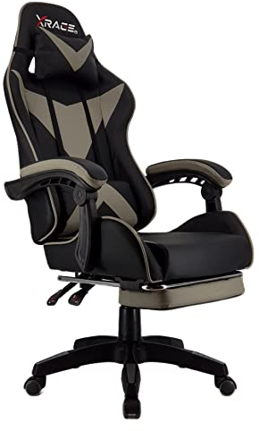 xRace Gaming Stuhl, Bürostuhl, Ergonomischer Pc Stuhl, Gaming Sessel aus Leder mit Lendenwirbelstütze, Verstellbarer Drehbarer, Task Stühle mit Fußstütze und Kopfstütze, Grau