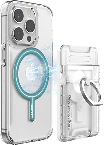 iRing Pocket Mag, magnetischer Handy-Ringgriff und Ständer, 2 Kartenhalter, kompatibel mit iPhone, MagSafe und kabellosen Ladegeräten, hergestellt in Korea (transparent)