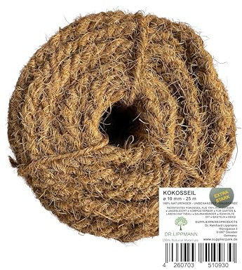 DR.LIPPMANN Kokosseile ø 10 mm / 25 m - EXTRA STARK verdrillt – Reine Naturseile, unbehandelt, zum Baum anbinden und für DIY Projekte