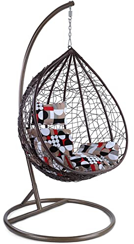 RAMROXX Luxus Hängesessel Miami XL Polyrattan mit Korb Gestell braun Kissen Modern Style