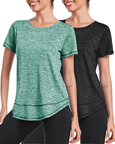 Deaviya Women's Sports T-Shirt, Short Sleeve Shirt, Workout Tops, Crew Neck, Athletic, Casual, Running, Yoga, Fitness T-Shirts, Loose Side Split Tee, Black + Green, XL