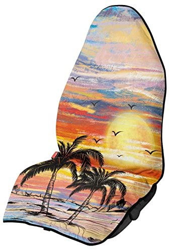 Coldinair Sonnenuntergang Strand Palmen Druck Handtuch Sitzbezug nur Vordersitze, universeller Schweiß-Autositzschutz für Auto, LKW, SUV zum Schwimmen, Surfen, Yoga, Fitnessstudio, Workout