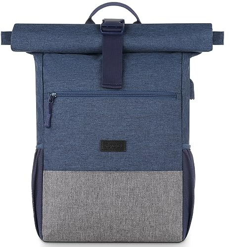 RJEU Laptop Rucksack für 17 Zoll,Rolltop Rucksack Herren Damen,Laptoptasche für Schule,Studium,Reisen,Schulrucksack(BlauGrau-26L)