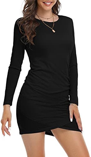 PCEAIIH Women Long Sleeve Tank Mini Dresses Crew Neck Slim Fit Short Casual Ruched Bodycon Party Club Dress L Black