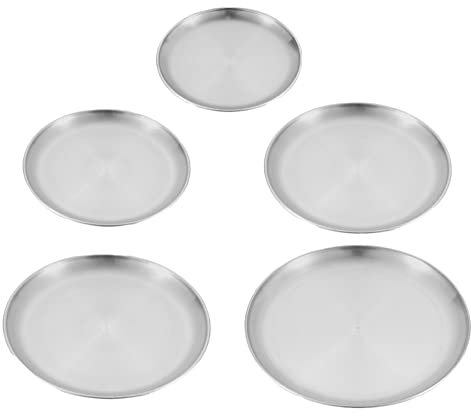 5 Pieces Platos de Acero Inoxidable, Platos Acero Inoxidable Redondo, Platos Redondos en Acero Inoxidable, Platos de Metal para Ensalada de Carne, para Camping y PíCnic, Exteriores Cocina(Plateado)