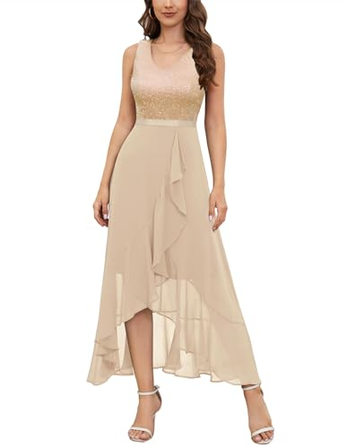Berylove Party Kleid Lange Elegante Abendkleider für Hochzeiten Abendkleid Damen Kleid Damen Elegant Gold Vorne Kurz Hinten Lang BLS0015 Champagne L