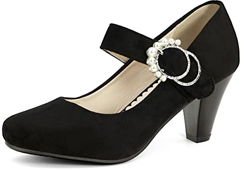 elerhythm Damen Mary Janes 1920er Jahre Retro Block Samt Heels Gatsby 1950er Vintage geschlossene runde Zehenpartie Perlenschnalle Knöchelriemen Pumps Schuhe (Schwarz EU40)