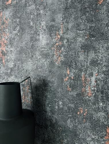 NEWROOM Tapete Grau Vliestapete Beton - Betontapete Modern Anthrazit Kupfer Putz Lava Naturstein Industrial Glanz Metallic inkl. Tapezier-Ratgeber