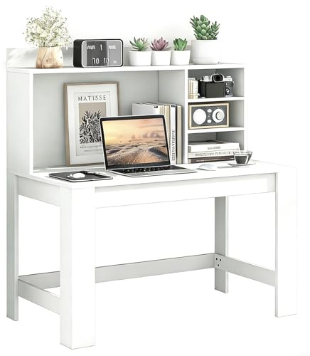 SFAREST Computer Desk with Hutch and Bookshelf, Wooden Study Table with Anti-Tipping Device & Cable Management Hole, 118CM Laptop PC Desk Writing Workstation for Home Office (White)