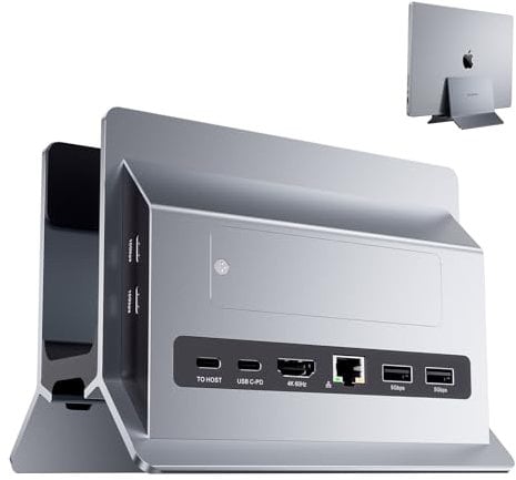 PULWTOP Vertical Laptop Docking Station for MacBook Pro/Air, Support SSD Expansion, 4K HDMI, 2*USB-C 10Gbps, 2*USB-A 5Gbps, RJ45, SD/TF and USB-C 100W PD Dock for Type-C Laptops (Grey)
