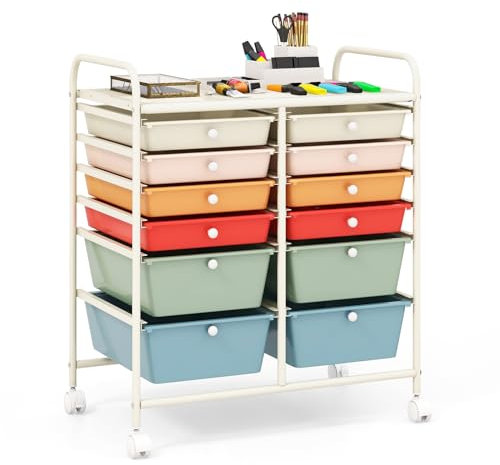 GiantexUK 4/6/12 Drawers Storage Trolley, Multipurpose Utility Rolling Cart on Wheels, Plastic Shelving Organizer Unit for Home Office Hairdressing Salon (Multi, 12 Drawers)
