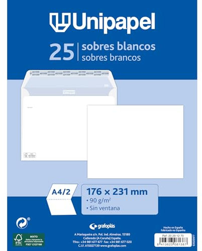 Unipapel | Pack 25 Sobres Papel 90g Blancos | 176x231mm | Cierre Recto con Tira Autoadhesiva Silicona Autodesk | Fácil Apertura | Certificado FSC | Perfecto para Cartas a4 Plegadas en 2 o a5 Completa