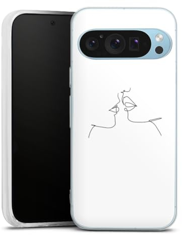 Silikon Hülle kompatibel mit Google Pixel 9 Case transparent Handyhülle Kussmund Line Art Liebe