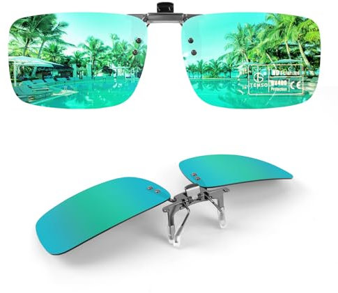 TEMSO Polarized Clip On Sunglasses Green Gold,Flip Up Over Prescription Glasses Mens Women,Fit for Myopia Glasses On Holiday Beach,Filter UVA UVB,HD Vision|True Color|60 * 41mm