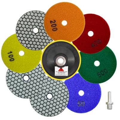 QUEFORET Diamant Polierpads Set 10 Stücke - 8 Stücke 100mm Trocken Polierscheiben (Körnung 50 x 3, 100 x 2, 200/400/800), 1 Stück Polierteller, 1 Stück Adapter für Granit Marmor Quarz Kunststein