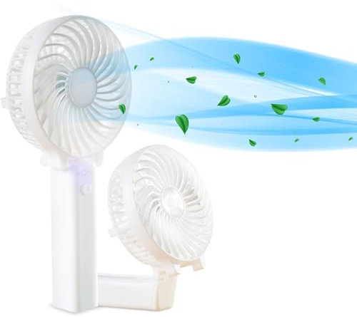 ASAB Handheld Fan Rechargeable Battery Portable USB Powered Adjustable 3 Speeds Easy to Hold Desk Pocket Fan with Foldable Design Travel Mini LED Torch Hand Fan for Kids and Adult Indoor Outdoor White