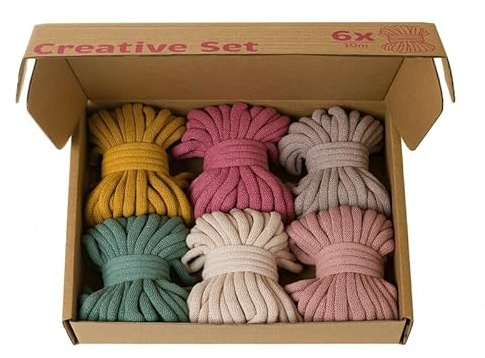 ReWu Jumbo 9 mm Creative Set – Vivid – Cordoncini di cotone intrecciato, set regalo iniziale, 6 cordoncini fai da te, corda di cotone macramè, lunghezza: 10 m