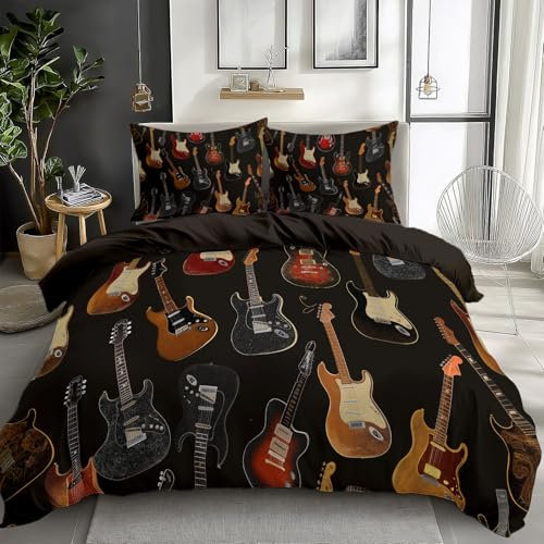 CozyRest Bettwäsche Set 2-teilig, 100 x 135 cm Bunte E-Gitarren Dunkelbraun Bettbezug mit Reißverschluss und Eckenbändern, 1 Kissenbezüge, Pflegeleicht, für Einzelbett