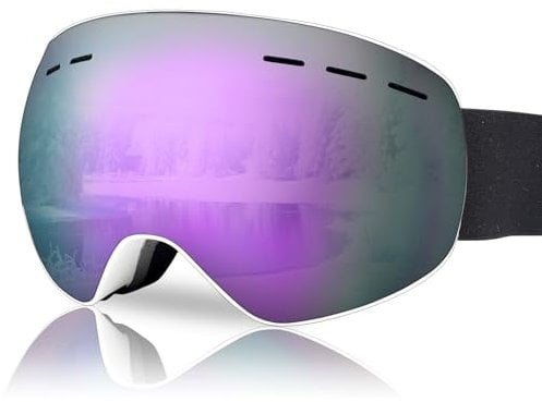 NewBEP Lunettes de ski et de planche à neige – Protection UV et anti-buée – Lunettes de ski OTG pour hommes, femmes et jeunes (monture blanche, verres violets)
