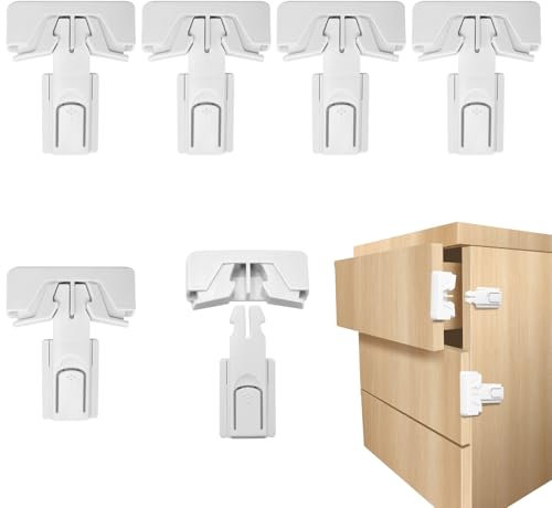 Cyiecw 6 Stück Kindersicherung Schrank, Schubladensicherung Baby ohne Bohren, Kindersicherung Schubladen mit 3M Starker Kleber, Schranksicherung Baby für Kühlschrank Tür und Schränke - Weiß