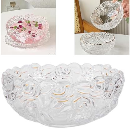 Boxonly Rose Embossed Glass Dessert Bowl and Plate Set – Clear Finish, Elegant 5.1x2.2 / 13cmx5.5cm Bowl with Glacier Textured 5.5x0.6 / 14cmx1.5cm Plate – Ideal for Desserts