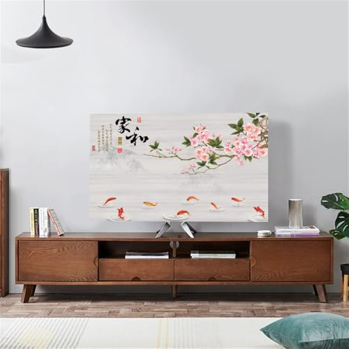 Mateju TV Dust Cover Indoor Universal TV Cover for Wall Mounted Chinese Style Elastic Dustproof TV Screen Protector for 32” to 75”Television/PC Display, Home Decoration (Peach blossoms,32-37 inches)