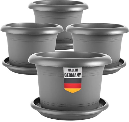 SUSTANIA Lot de 4 grands pots de fleurs avec soucoupe - Diamètre : 40 cm - Anthracite - Grand pot de fleurs pour l'extérieur - Résistant aux intempéries - Fabriqué en Allemagne