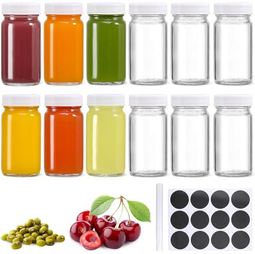 KAHEIGN 12 Pièces 60ml Mini Bouteille en Verre avec Couvercle, Bocal Réutilisable à Large Ouverture et Étanche pour Gingembre, Shot Bien-Être, Jus, Échantillon, Whisky - Lave-Vaisselle Passe (Blanc)