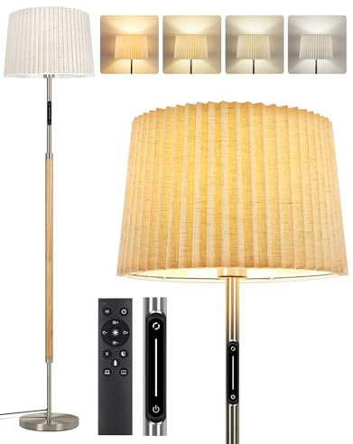 OUTON Holz Stehlampe, Mid-Century Modern Dimmbar Stehleuchte mit Fernbedienung & Touch-Steuerung, 4 Farbtemperaturen, 1H Timer, LED Stehlampe mit Doppelschirm für Wohnzimmer, Schlafzimmer, Büro