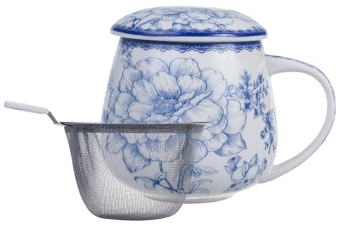 QUEEN ISABELL LIMITED COLLECTION 450 ml Porzellantasse mit Sieb für losen Tee | Eleganter Teebereiter aus feinem Knochenporzellan | Limitierte Edition mit goldener Verzierung und Künstlerdesign