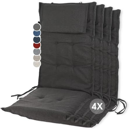 slaaviinoo Gartenstuhlauflagen Hochlehner 4er Set - Ideale 6 cm Dicke Sitzauflagen - Mit Kopfpolster - Oeko-TEX Zertifiziert - UV-beständig - Auflagen für Gartenmöbel - Steinkohlegrau