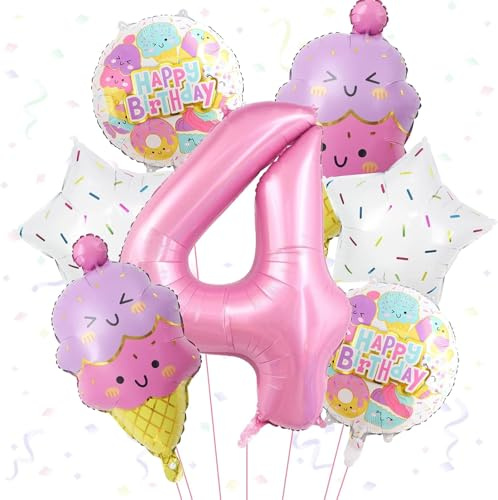 Eiscreme Folienballon, Geburtstagsdeko 4 Jahre Mädchen, 7 Stück Eiscreme Luftballons Pastellfarben Party Luftballons Mädchen Eiscreme Helium Ballons Geburtstag für Kinder Party Dekorationen