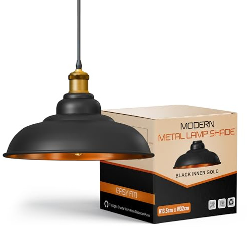 Industrial Black Gold Inner Metal Lamp Shade 32cm, Pendant Ceiling Lampshade for E27 Light Fittings, Modern Vintage Style Light Shade for Living Room, Kitchen, Dining Room & Hallway | for E27 Light Fittings, Modern Vintage Style Light Shade for Living Room, Kitchen, Dining Room & Hallway