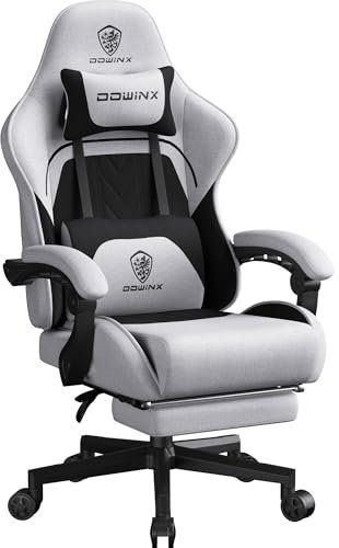 Dowinx Gaming Stuhl Tasche Frühling Kissen, Atmungsaktiver Bürostuhl aus Hochwertigem Stoff, Ergonomischer PC-Stuhl mit Kopfstütze, Drehbarer Schreibtischstuhl mit Fußstütze (Schwarz und Grau)