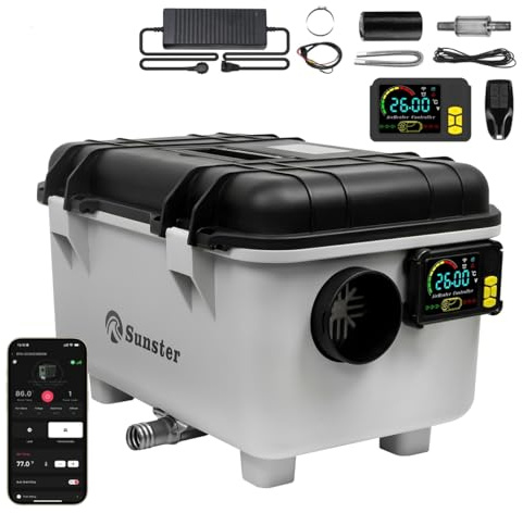 Sunster Chauffage diesel à air 8 kW 12 V/24 V CC et 240 V AC Portable Chauffage auxiliaire diesel 0,12-0,45 l/h avec application et adaptateur UE pour voiture, camion, atelier, garage, camping car
