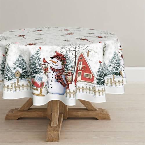 Artoid Mode Weiß Haus Bäume Schneemann Weihnachten Rund 140 cm Tischdecke | Schnee Zaun Xmas Winter Fleckschutz Tischwäsche Küche Dekoration Party Dekor