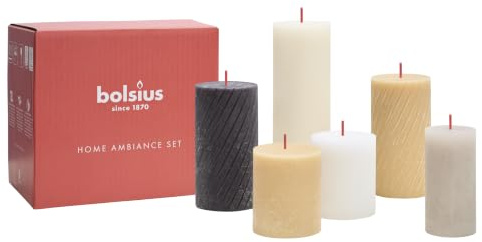 Bolsius Rustik Stumpenkerzen - Geschenk Set 6 Stück - Pillow Talk - Dekorative Haushaltkerzen - Länge Brenndauer - Unparfümierte - Natürliches Pflanzenwachs - Ohne Palmöl