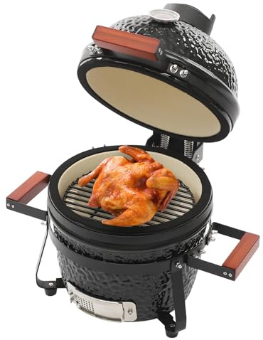 Keramik Grill 13 Zoll Holzkohle Smoker, Kugelgrill für Garten, Terrasse & Camping, 800°F hitzebeständig mit Thermometer, inklusive Bambusgriffe & Edelstahlgestell