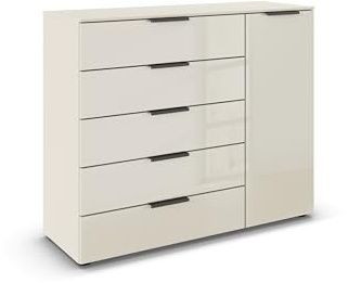 Rauch Möbel Flipp, Kommode, Farbe Glas Beige, Breite 120 cm | Sideboard, 1-türig, 5 Schubladen, Soft-Close-Funktion, für Schlafzimmer, Gästezimmer, Wohnzimmer, Garderobe, Flur